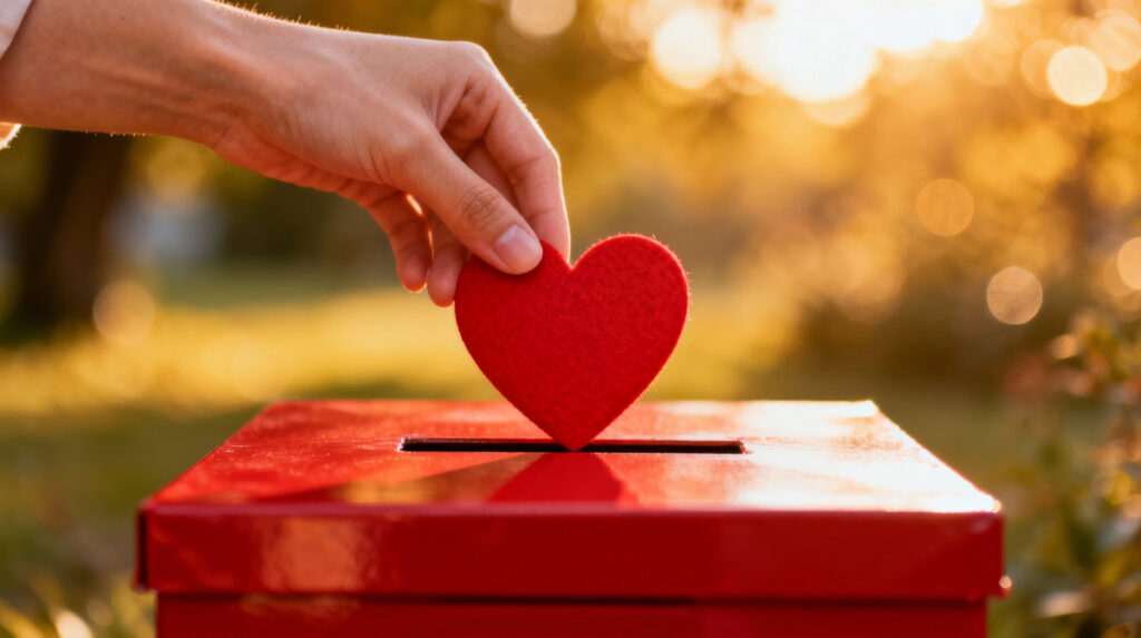 Hand Placing Red Heart into Donation Box