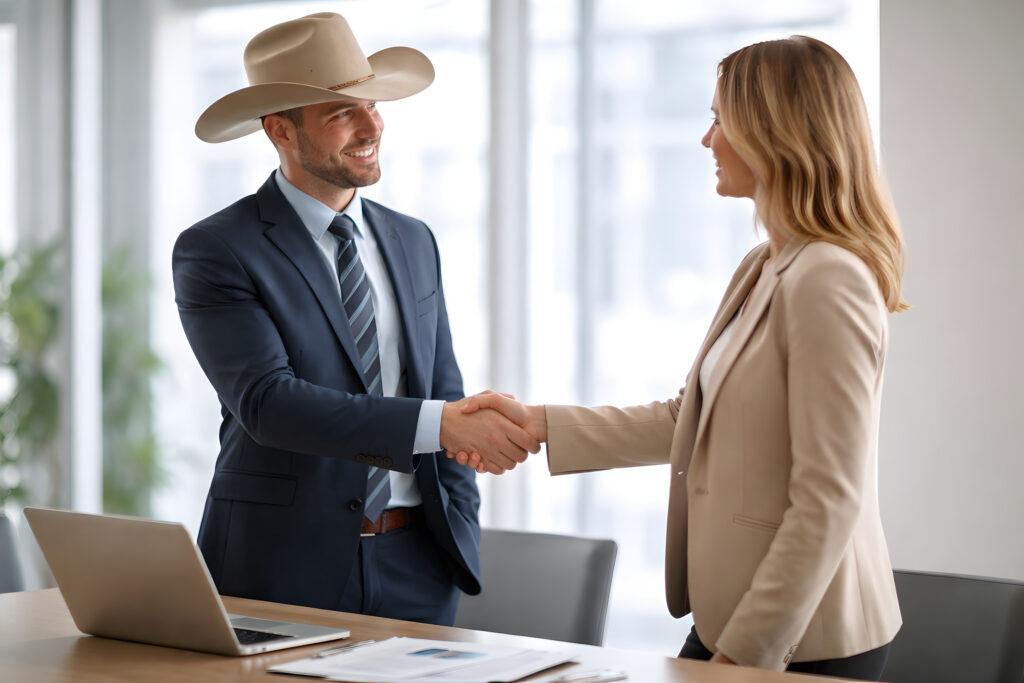 Businessman in Cowboy Hat Shaking Hands With Colleague in Modern Office
