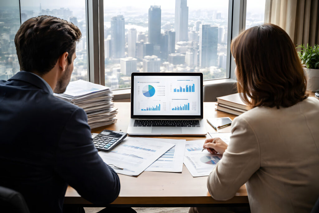 Business Team Reviewing Financial Reports and Analytics in Modern Office