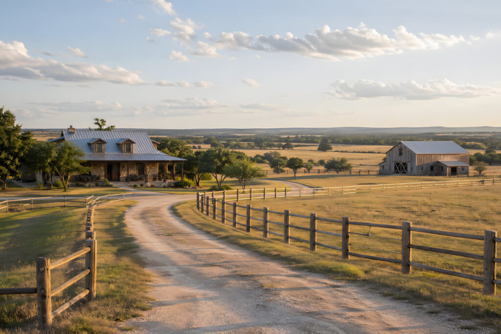 Serene Country Ranch with Rustic Farmhouse, Barn and Winding Dirt Road at Sunset
