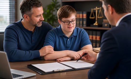 Business owner and family reviewing estate planning documents with an attorney